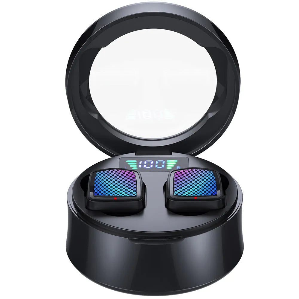 Black Bluetooth 5.0 wireless earbuds with charging case and silicone ear tips