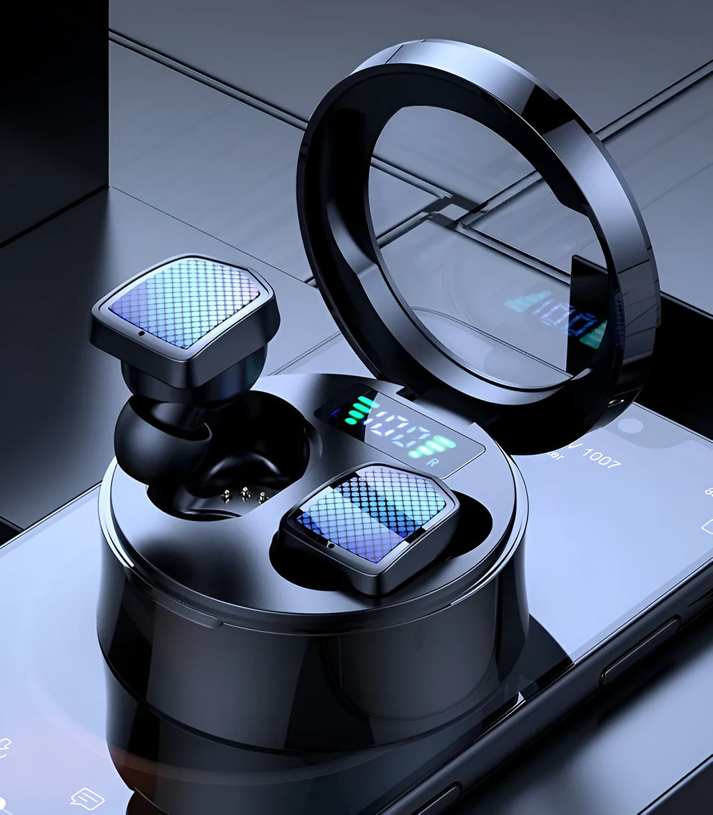 Black Bluetooth 5.0 wireless earbuds with charging case and silicone ear tips