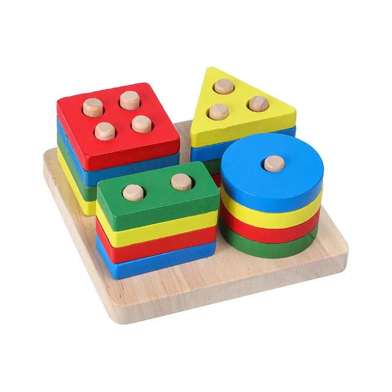 Colourful wooden educational toys including rainbow blocks, geometric shapes, and musical elements for baby and toddler development