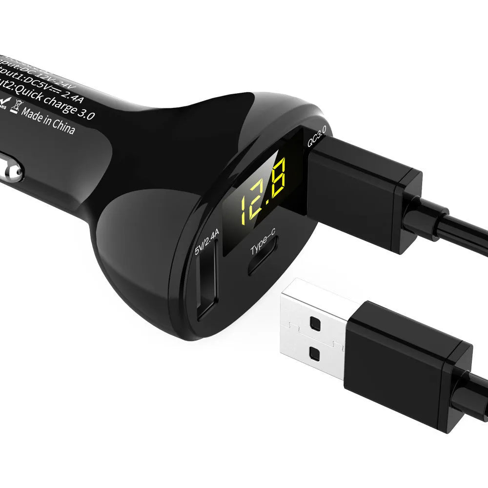 C02 car charger with digital display, ABS casing, USB output, black colour, for vehicle use