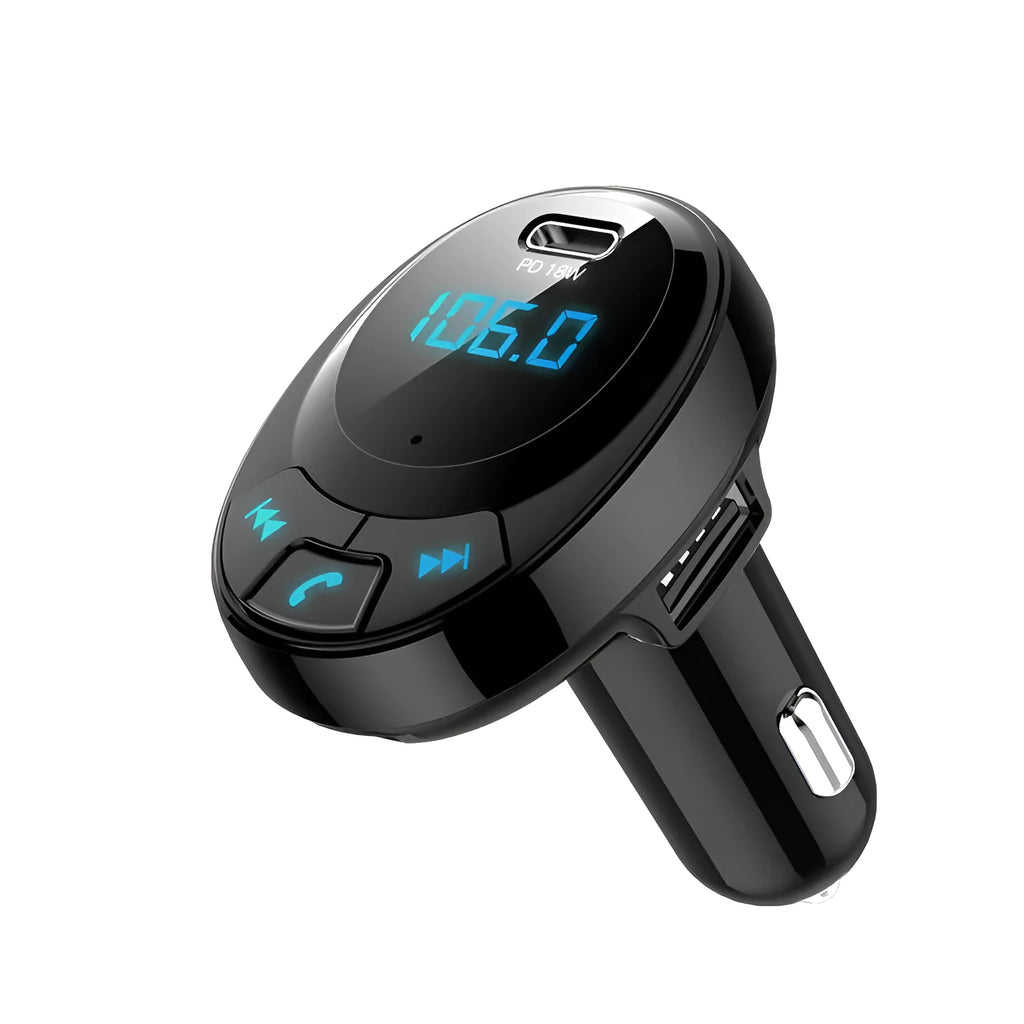 Compact black car Bluetooth MP3 player and dual USB charger with digital monochrome screen.