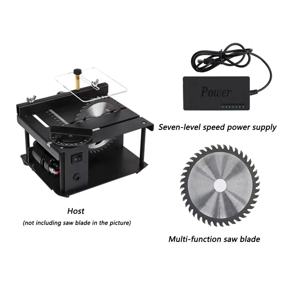 Black miniature precision table saw with sliding table and 110mm saw blade on a workbench