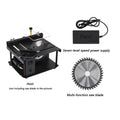 Black miniature precision table saw with sliding table and 110mm saw blade on a workbench
