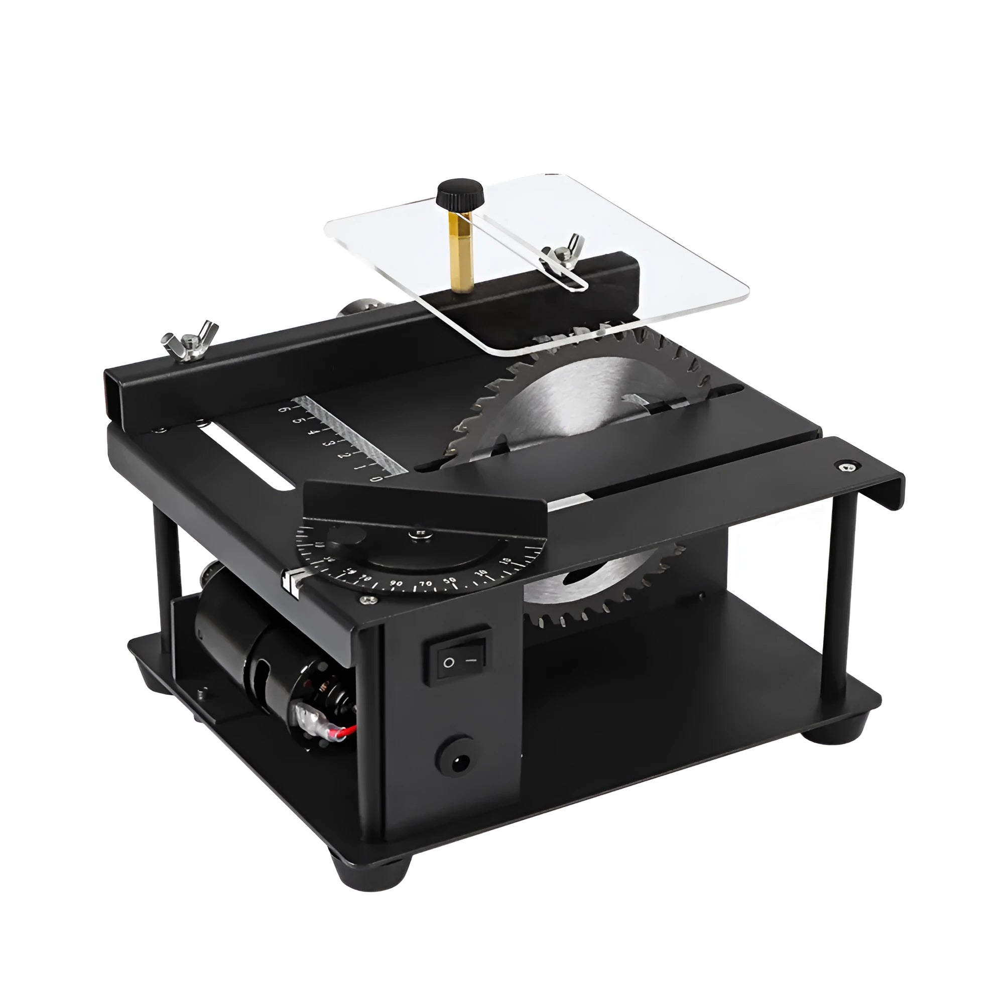 Black miniature precision table saw with sliding table and 110mm saw blade on a workbench