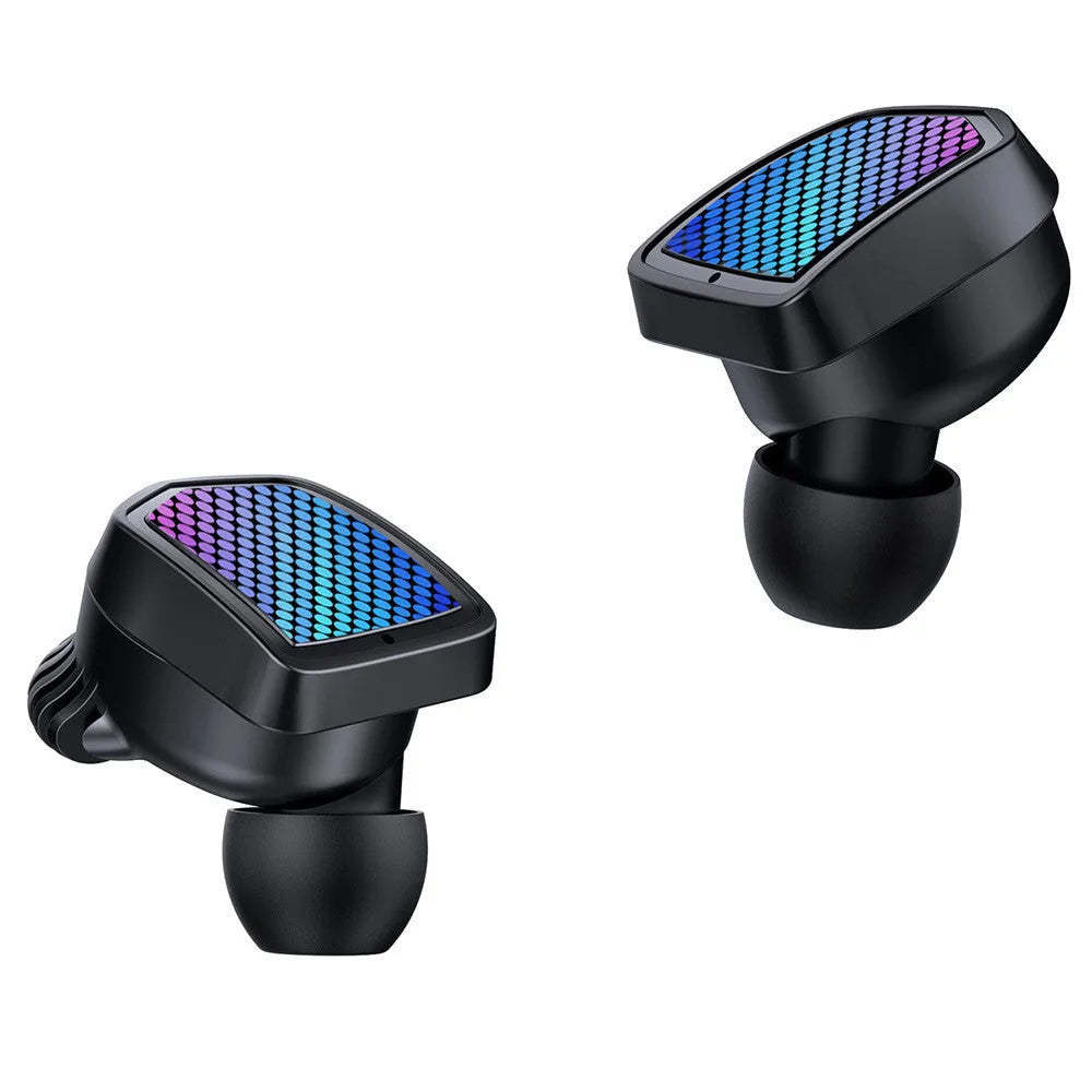 Black Bluetooth 5.0 wireless earbuds with charging case and silicone ear tips