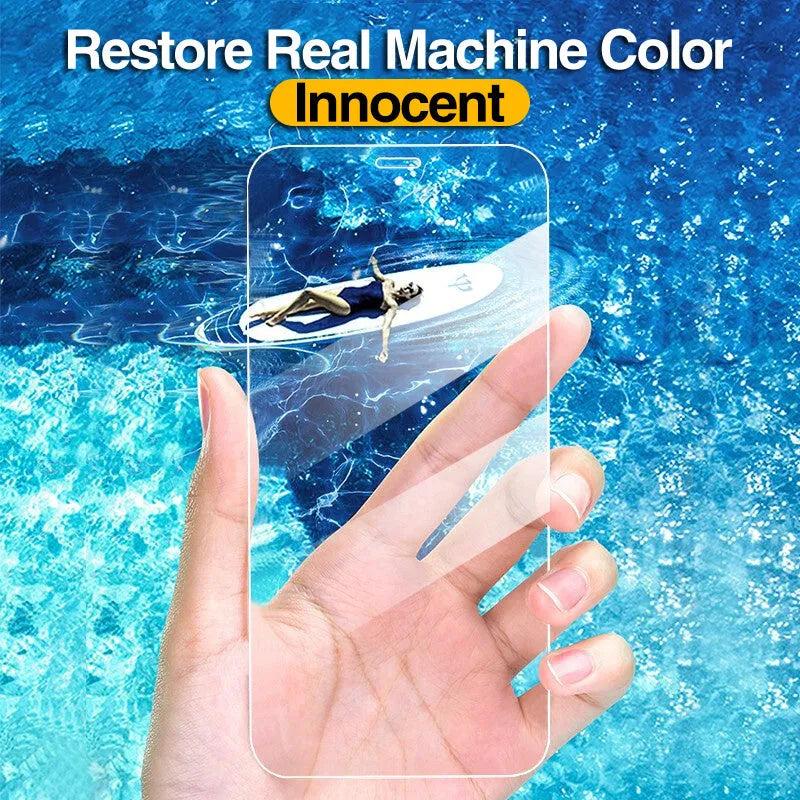 Four-pack of clear tempered glass screen protectors for iPhone, showing full coverage and anti-blue light feature.