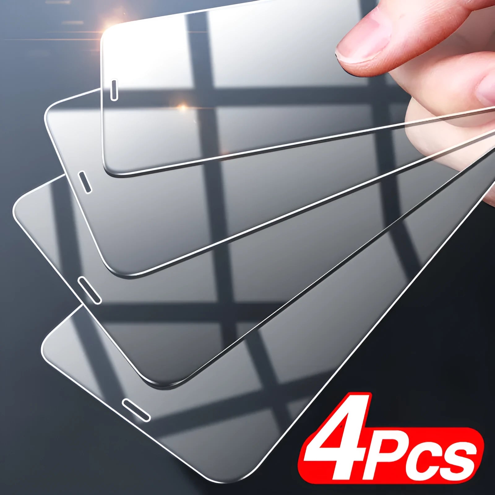 Four-pack of clear tempered glass screen protectors for iPhone, showing full coverage and anti-blue light feature.