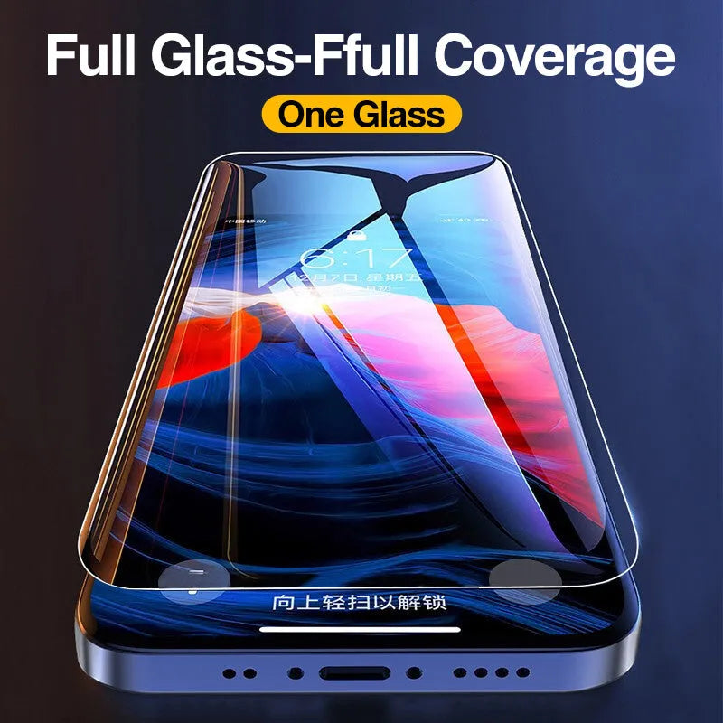 Four-pack of clear tempered glass screen protectors for iPhone, showing full coverage and anti-blue light feature.