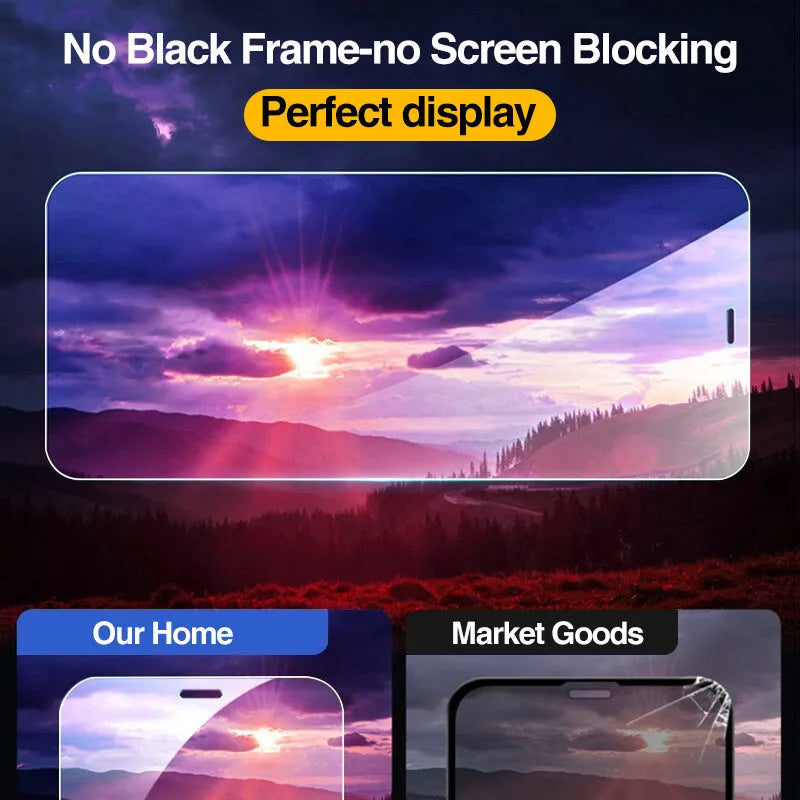 Four-pack of clear tempered glass screen protectors for iPhone, showing full coverage and anti-blue light feature.