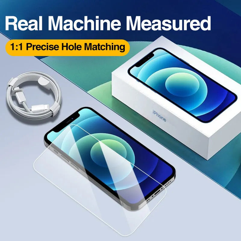 Four-pack of clear tempered glass screen protectors for iPhone, showing full coverage and anti-blue light feature.