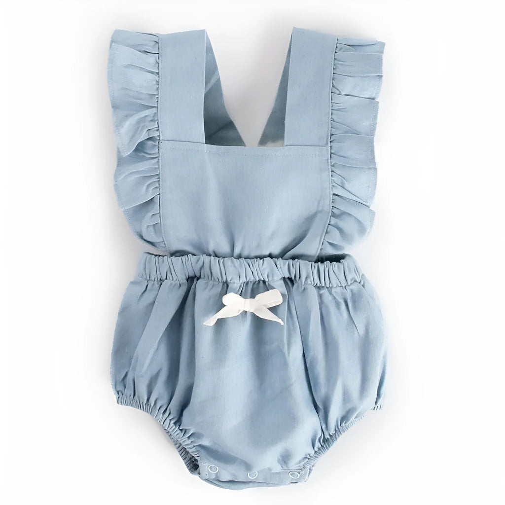 Denim blue sleeveless baby romper bodysuit with lace detailing for infant girls