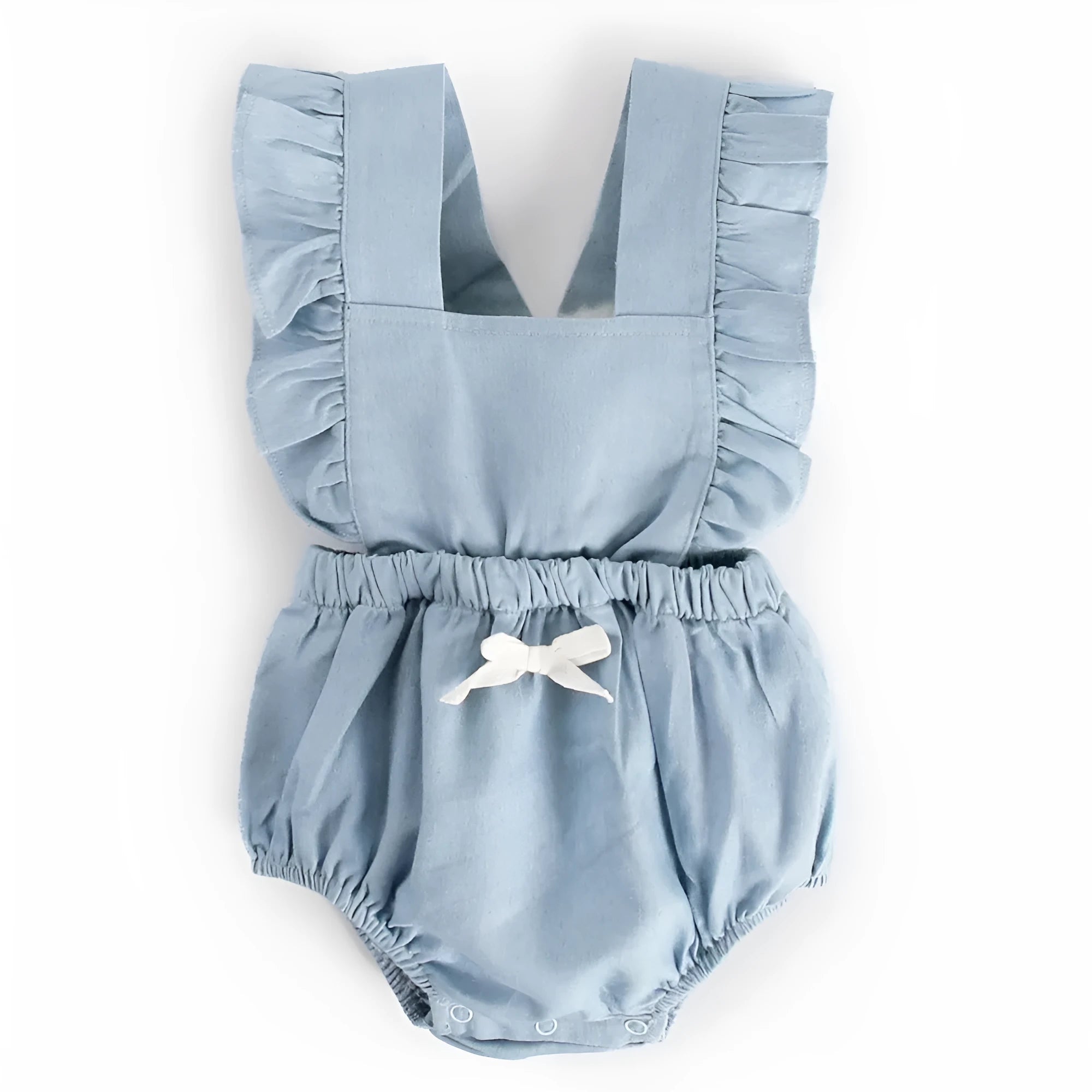 Denim blue sleeveless baby romper bodysuit with lace detailing for infant girls