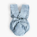 Denim blue sleeveless baby romper bodysuit with lace detailing for infant girls