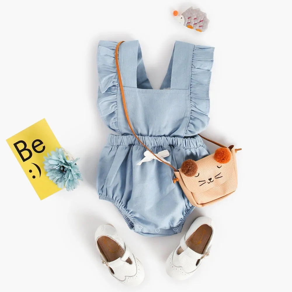 Denim blue sleeveless baby romper bodysuit with lace detailing for infant girls