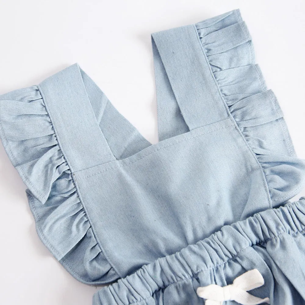 Denim blue sleeveless baby romper bodysuit with lace detailing for infant girls