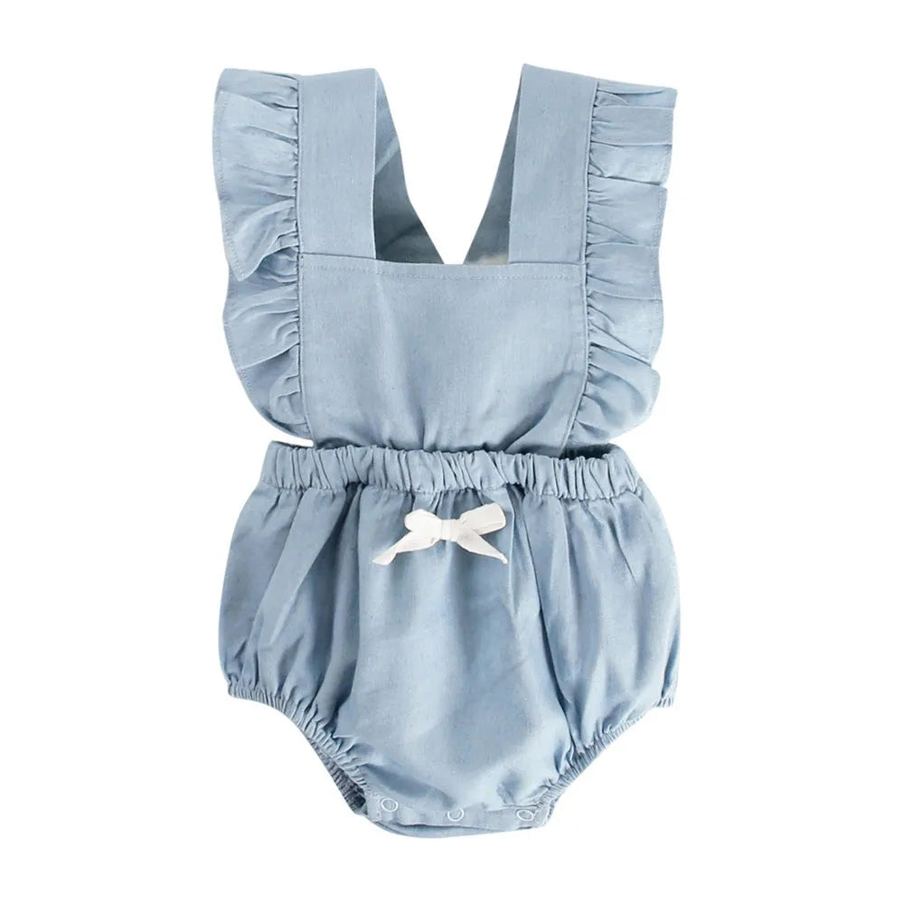 Denim blue sleeveless baby romper bodysuit with lace detailing for infant girls