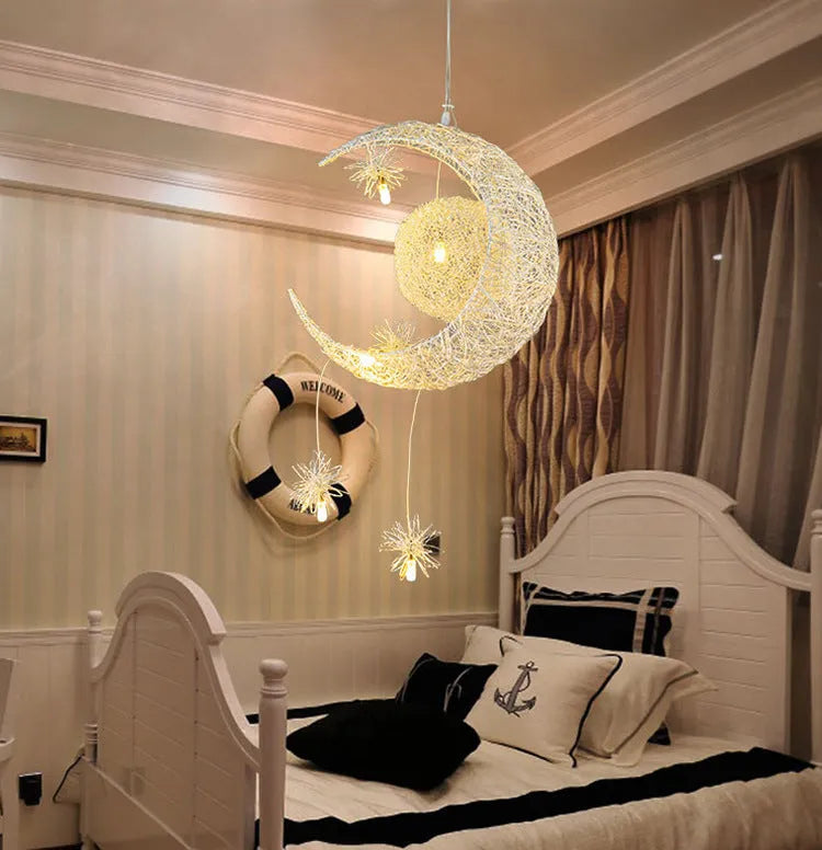Zinc alloy chandelier with aluminium wire shade hanging from a ceiling, showing height adjustment.