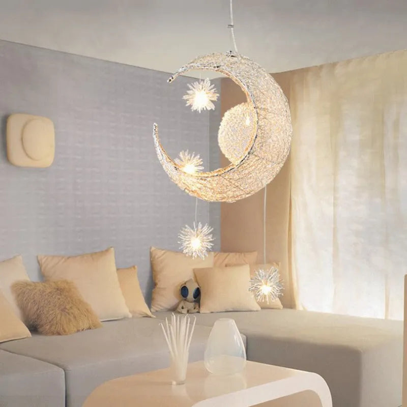 Zinc alloy chandelier with aluminium wire shade hanging from a ceiling, showing height adjustment.