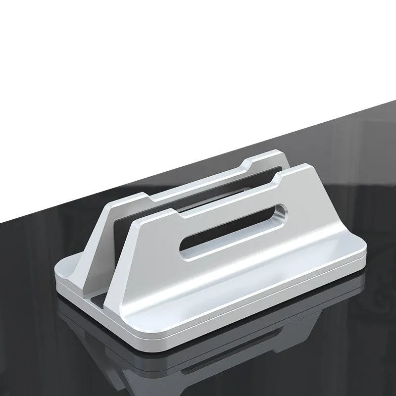Silver aluminium alloy vertical notebook storage bracket measuring 16.5cm x 10cm x 6cm for 15-30mm laptops