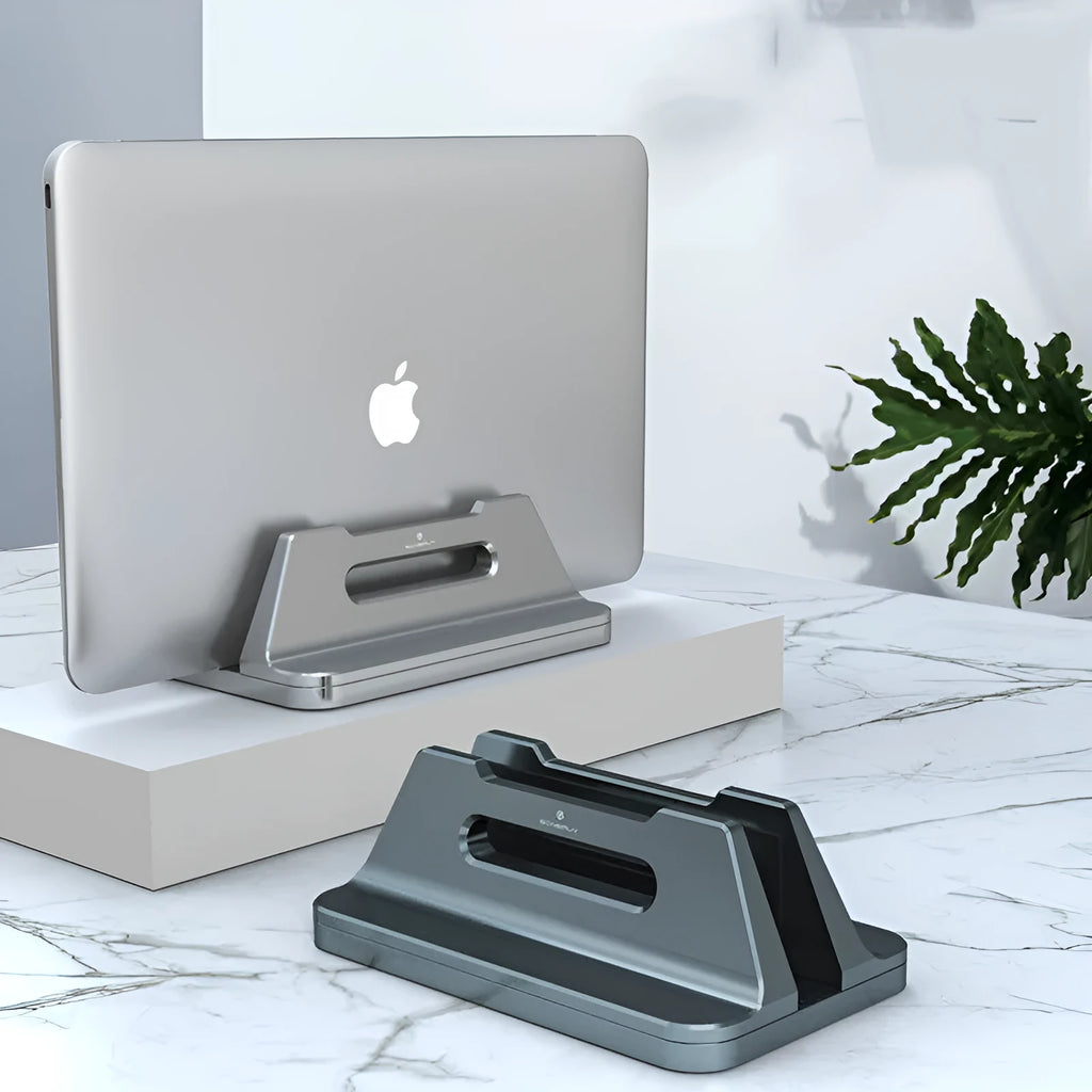 Silver aluminium alloy vertical notebook storage bracket measuring 16.5cm x 10cm x 6cm for 15-30mm laptops