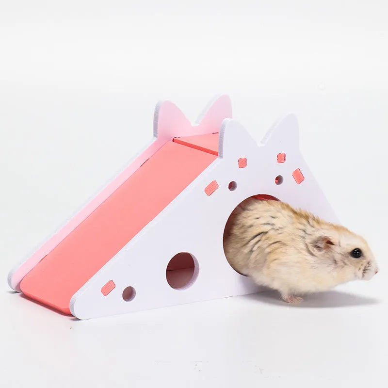 Hamster slide hut in wood plastic board, 18 x 7 x 9.5 cm, blue or pink, single hiding place