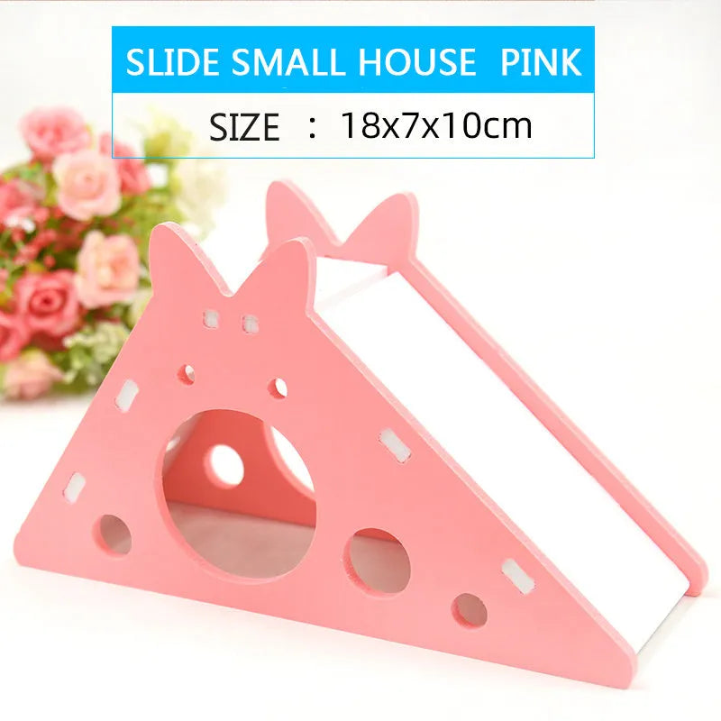 Hamster slide hut in wood plastic board, 18 x 7 x 9.5 cm, blue or pink, single hiding place