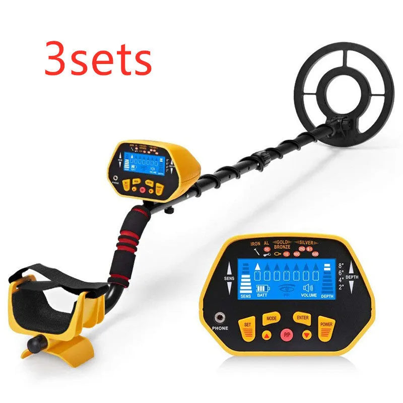 GC1028 black and yellow professional metal detector with LCD screen and adjustable pole on grass.