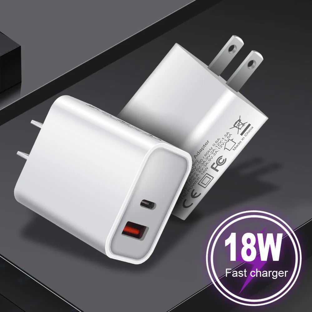 White 18W PD fast charger with dual USB-C ports for Apple iPhone 12 smartphones