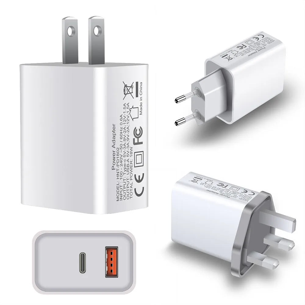 White 18W PD fast charger with dual USB-C ports for Apple iPhone 12 smartphones