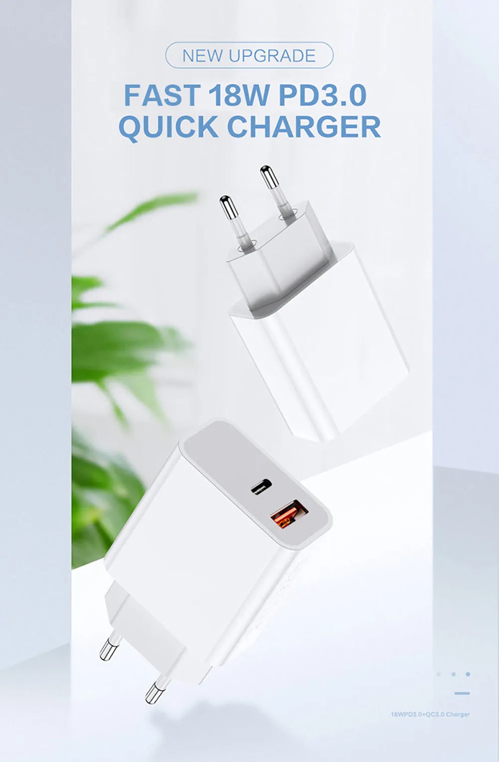 White 18W PD fast charger with dual USB-C ports for Apple iPhone 12 smartphones