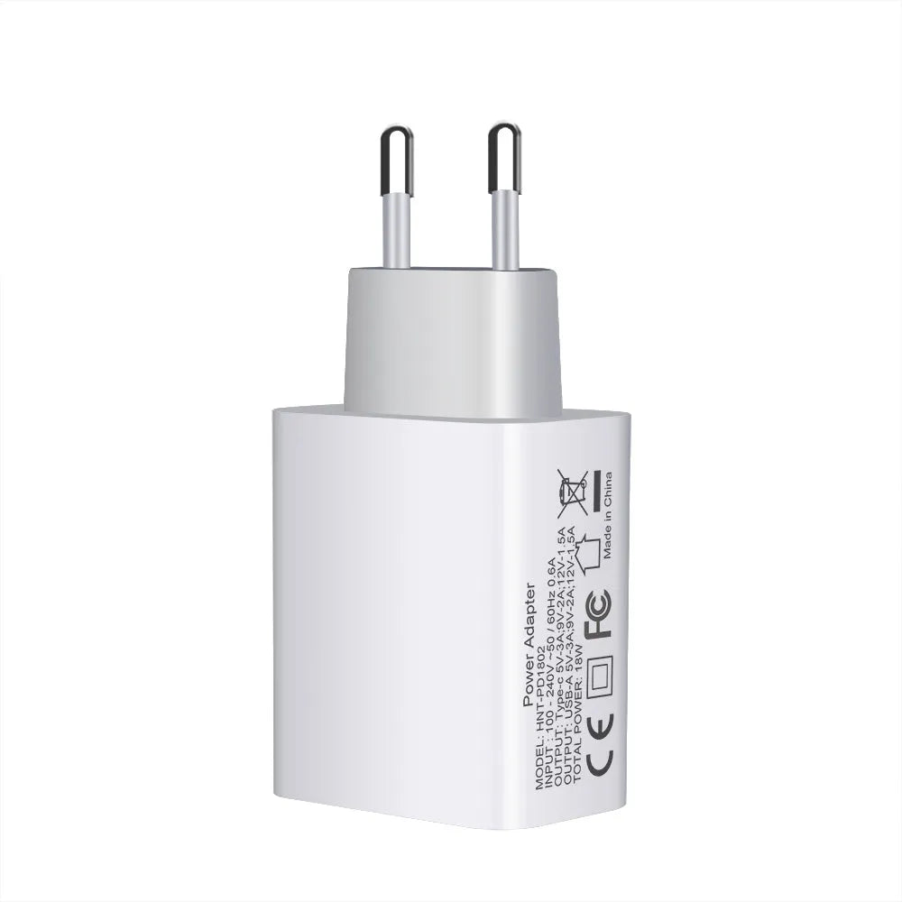 White 18W PD fast charger with dual USB-C ports for Apple iPhone 12 smartphones