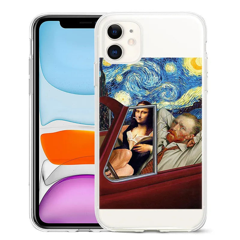 Van Gogh style oil painting design on a black TPU iPhone case for Apple iPhone models.