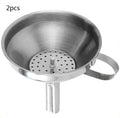 Small 201 stainless steel mini funnel with incorporated fine sieve, hanging on a hook, showing tube and bowl