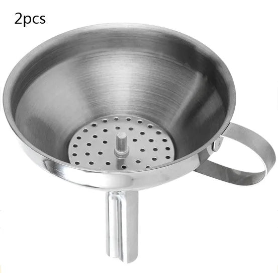 Small 201 stainless steel mini funnel with incorporated fine sieve, hanging on a hook, showing tube and bowl