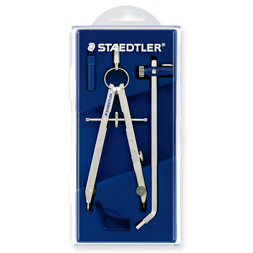 Staedtler 551 01 steel technical compass with telescopic centre rod and 12V car plug on a blueprint.