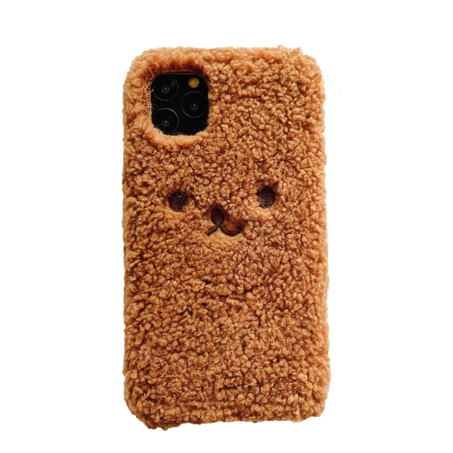 Brown embroidered plush bear face on a clear TPU iPhone case for iPhone 11