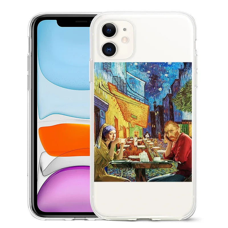 Van Gogh style oil painting design on a black TPU iPhone case for Apple iPhone models.