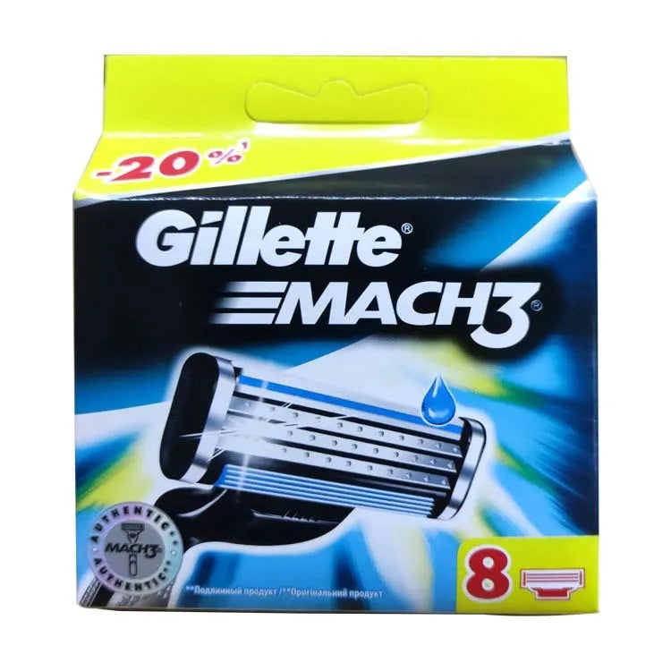 Blue Gillette Front Speed 3 manual razor with 8 replacement blades on white background