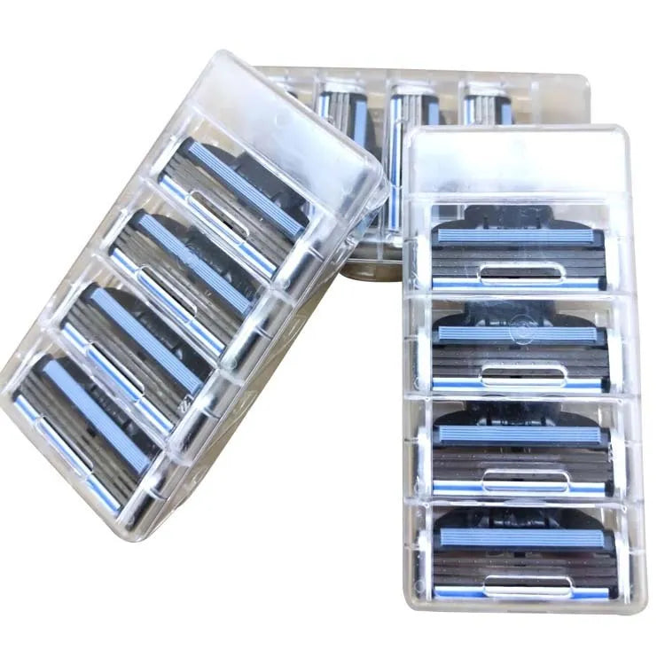 Blue Gillette Front Speed 3 manual razor with 8 replacement blades on white background
