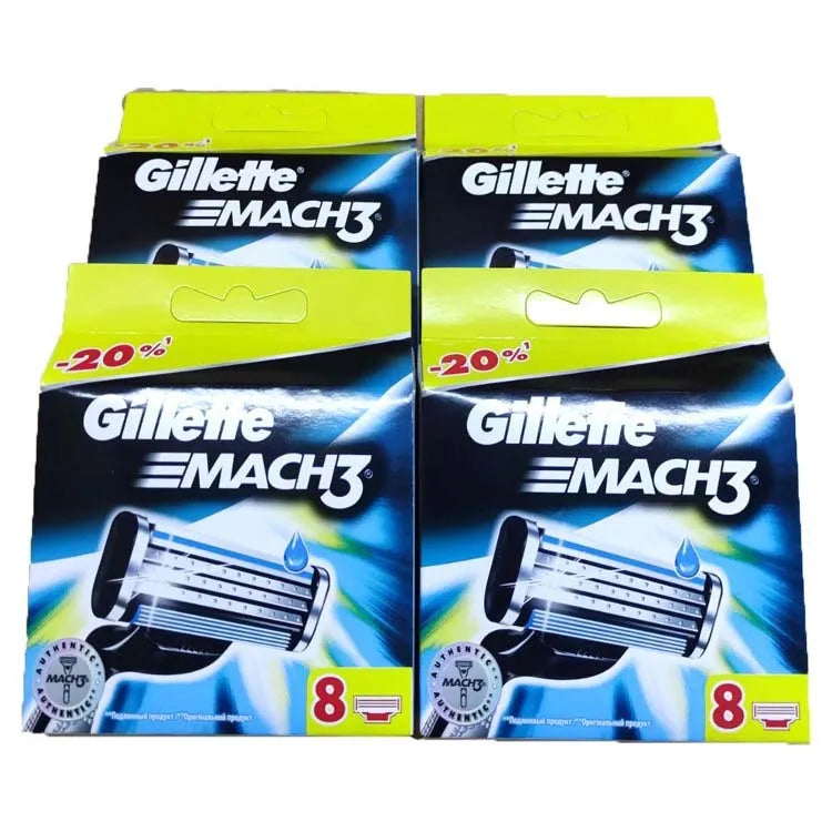 Blue Gillette Front Speed 3 manual razor with 8 replacement blades on white background