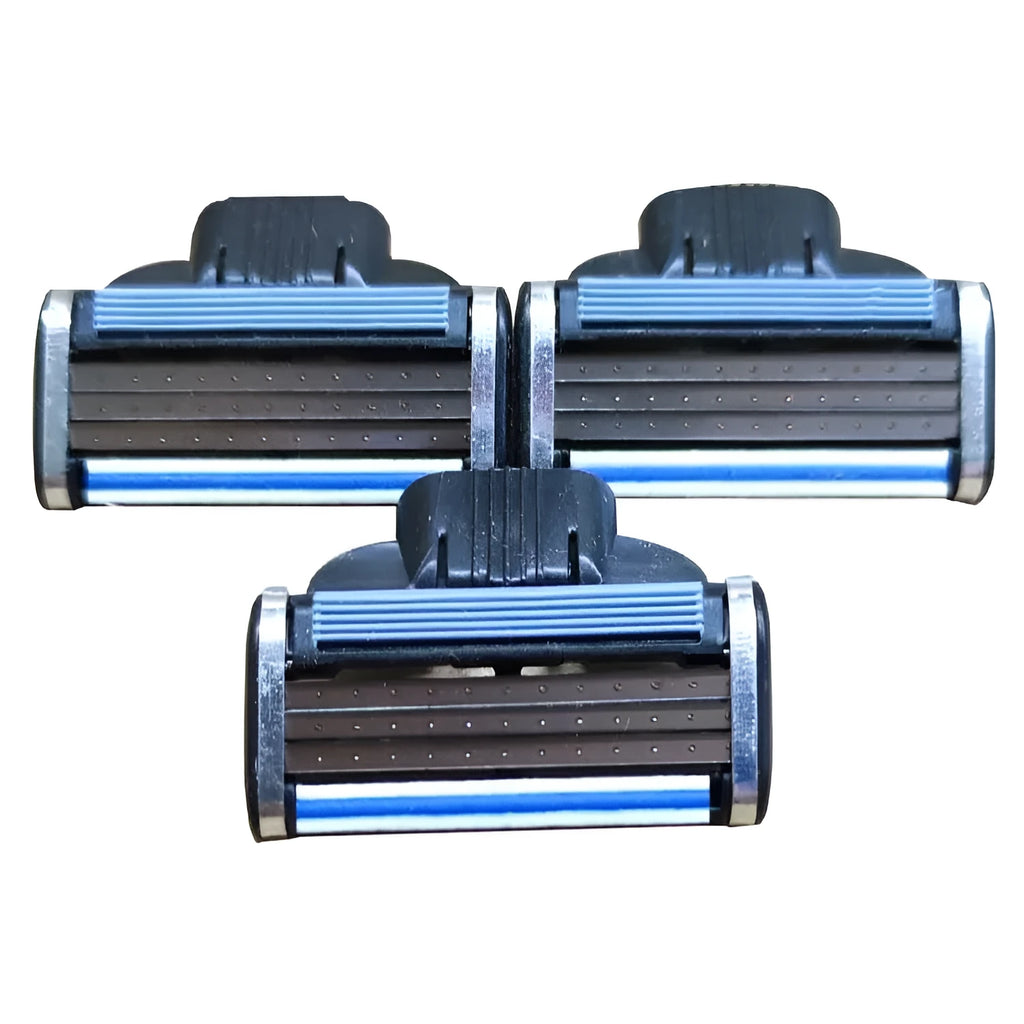 Blue Gillette Front Speed 3 manual razor with 8 replacement blades on white background
