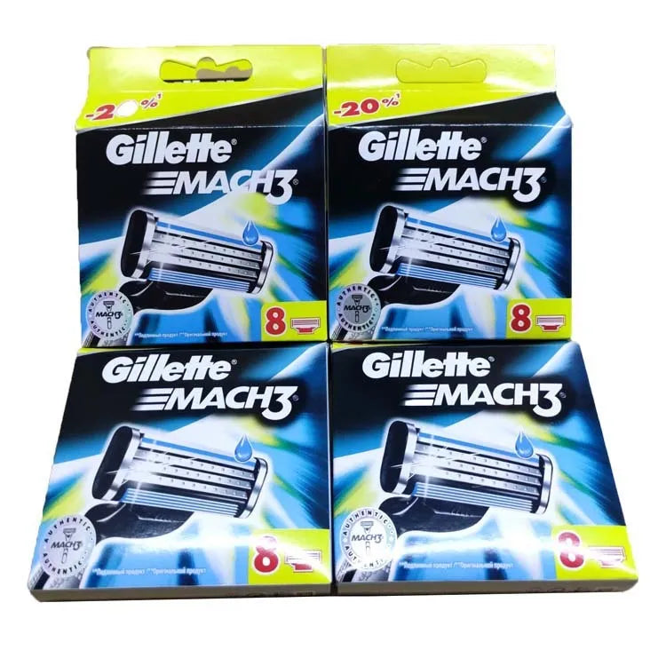 Blue Gillette Front Speed 3 manual razor with 8 replacement blades on white background
