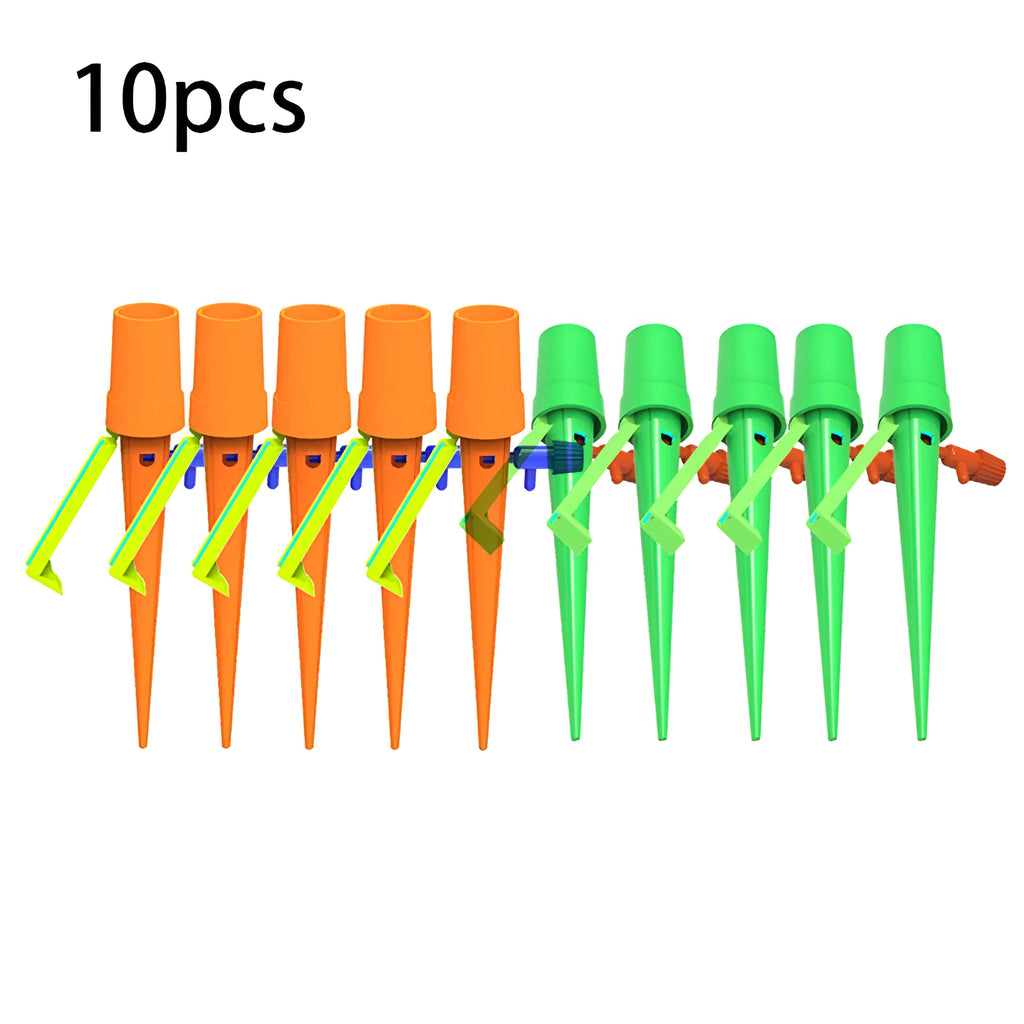 Ten plastic watering spikes 16.5cm long in green and orange for bottle-based garden irrigation