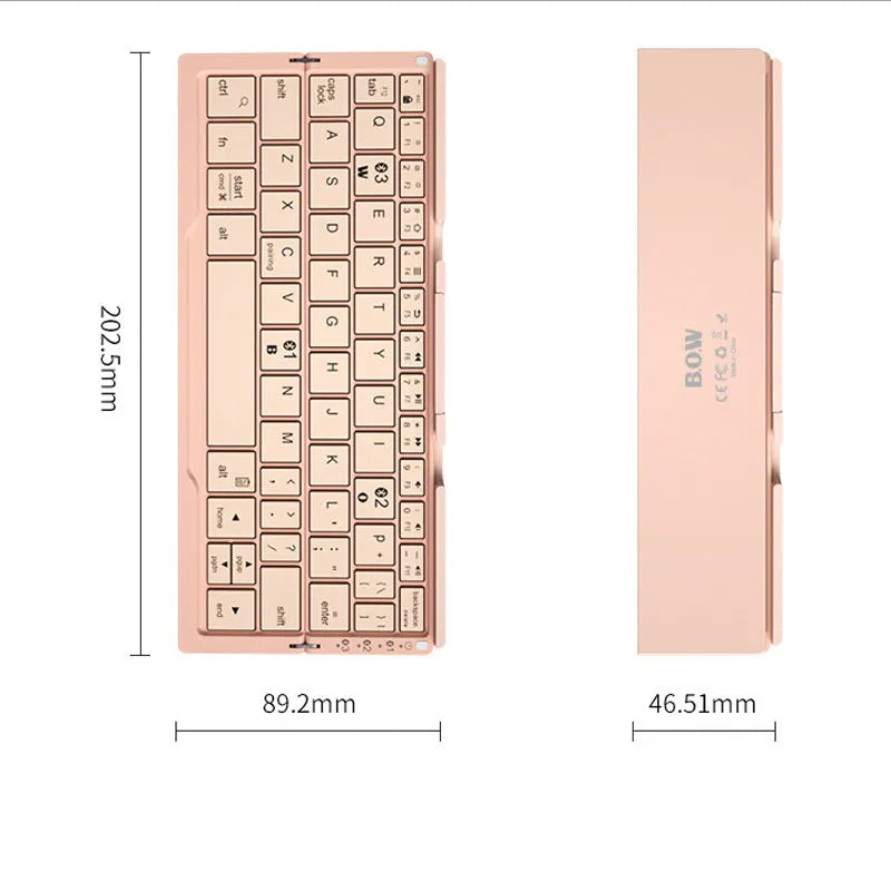 Silver white folding Bluetooth keyboard with stand holding smartphone