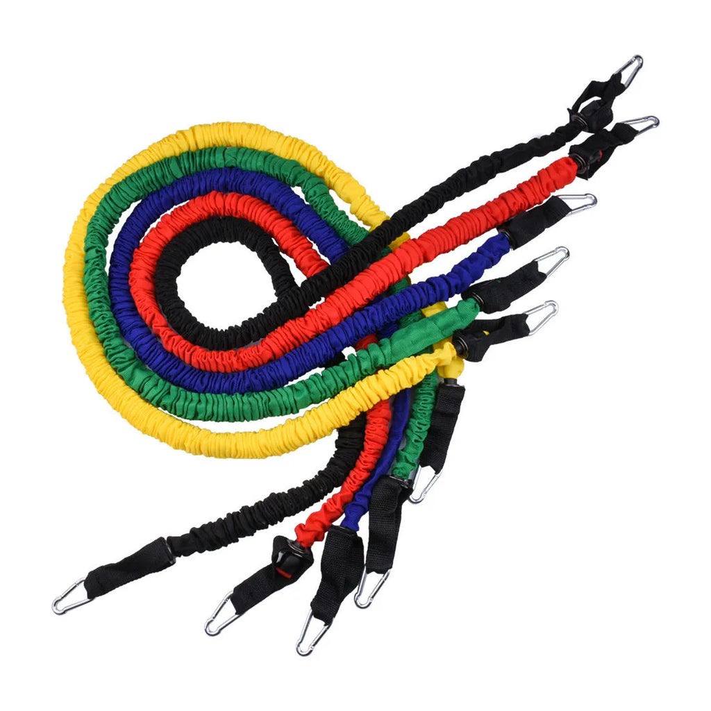 Elastic household pull rope 100 pounds 1.2m TPR with cloth cover 11-piece set on white background