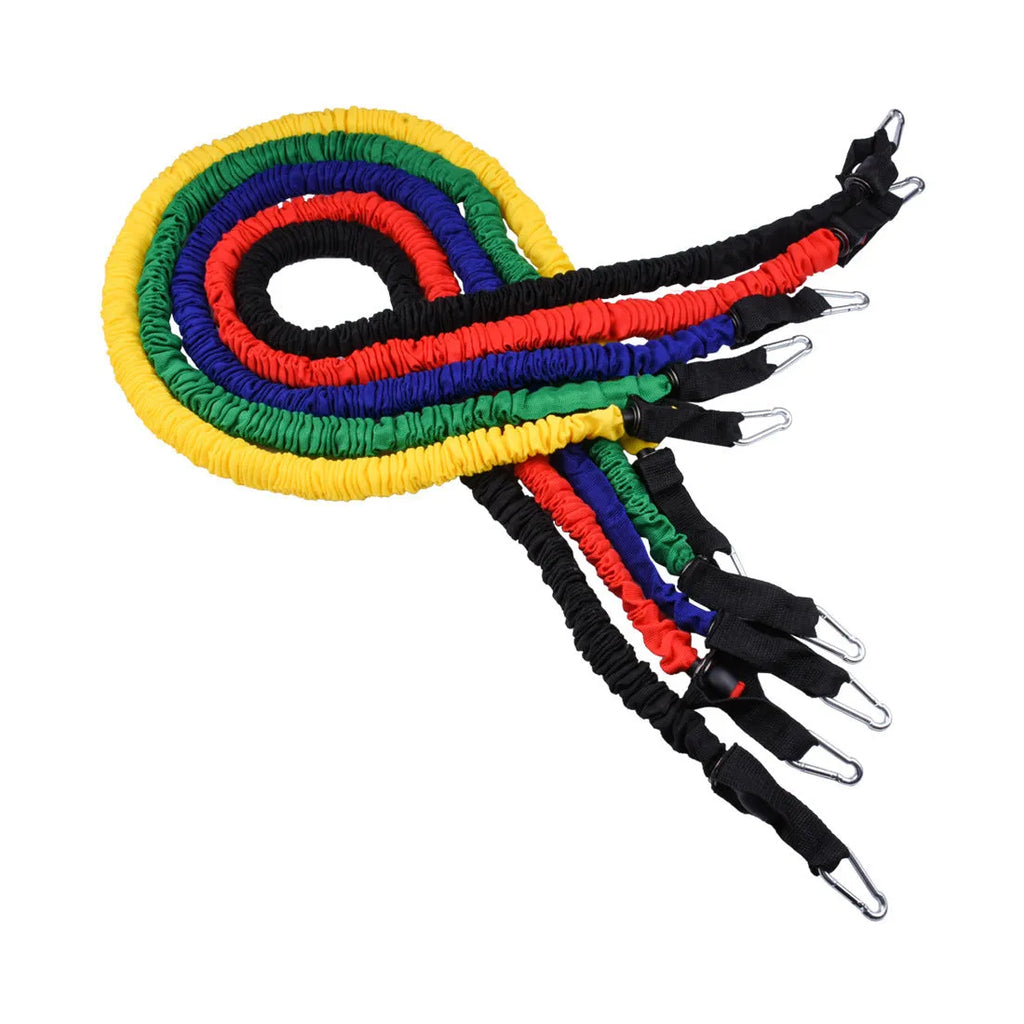 Elastic household pull rope 100 pounds 1.2m TPR with cloth cover 11-piece set on white background