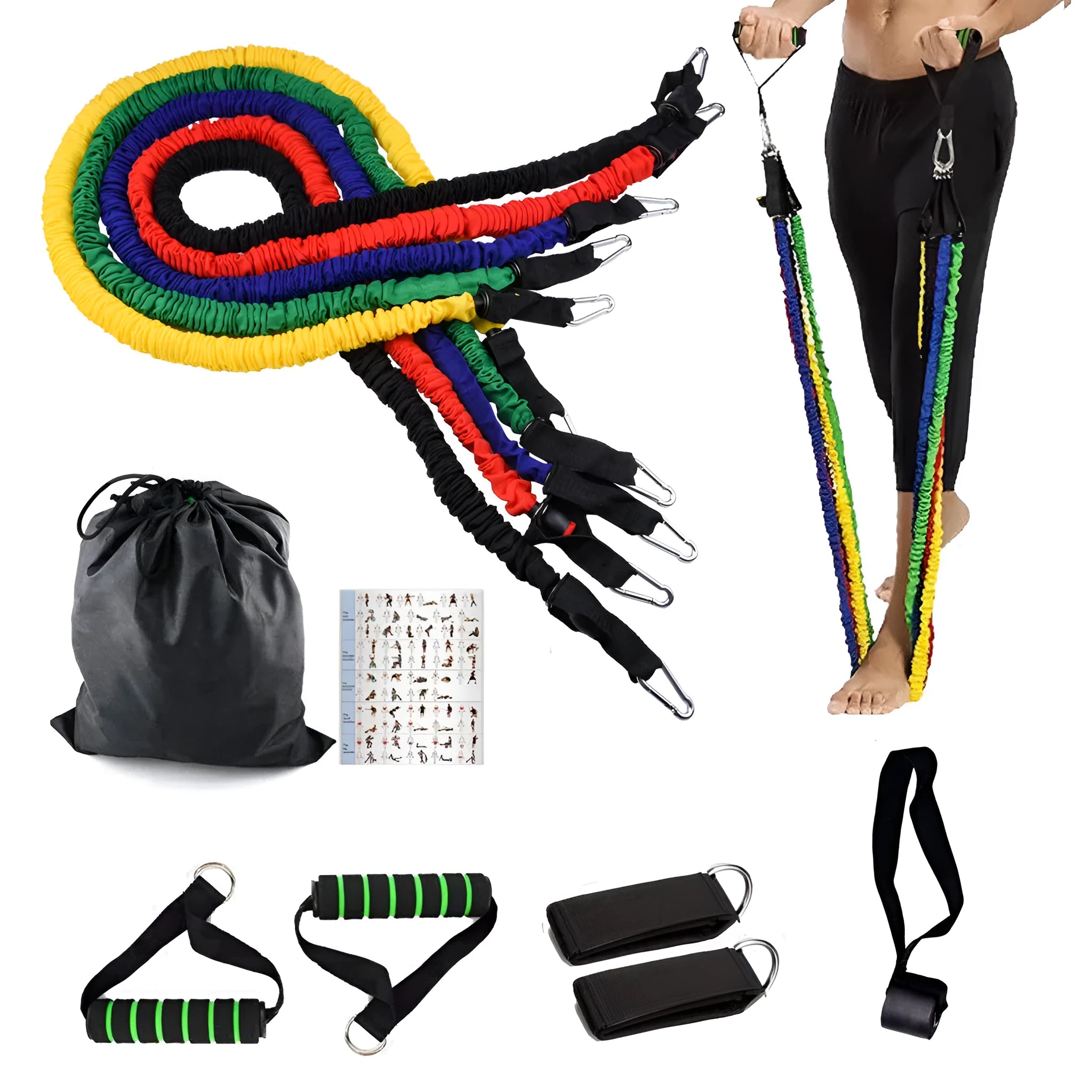 Elastic household pull rope 100 pounds 1.2m TPR with cloth cover 11-piece set on white background