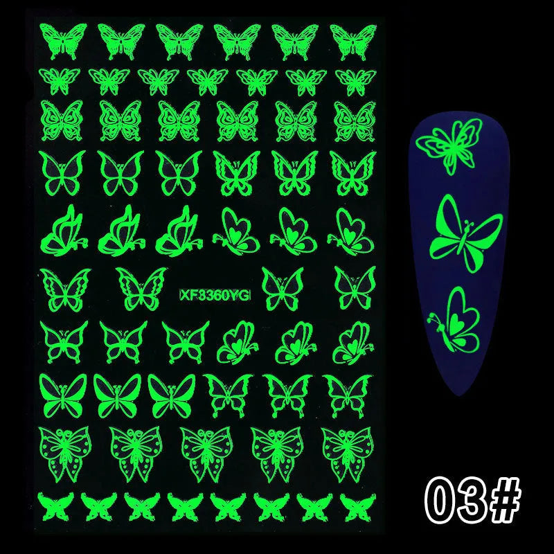 Halloween party luminous adhesive nail stickers in mixed colours, A01A-A05A, on paper card packaging