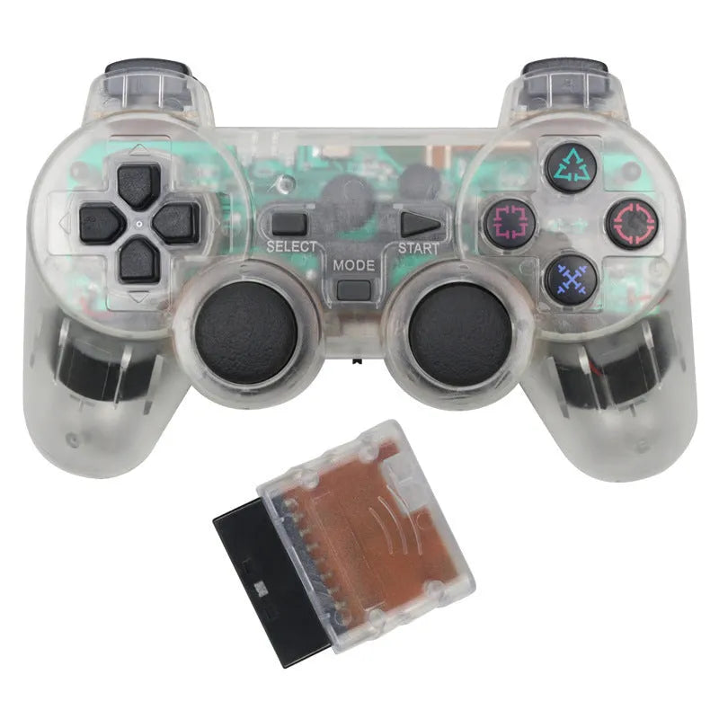 PS2 wireless game controller in multiple colours showing snowflake key design and buttons.