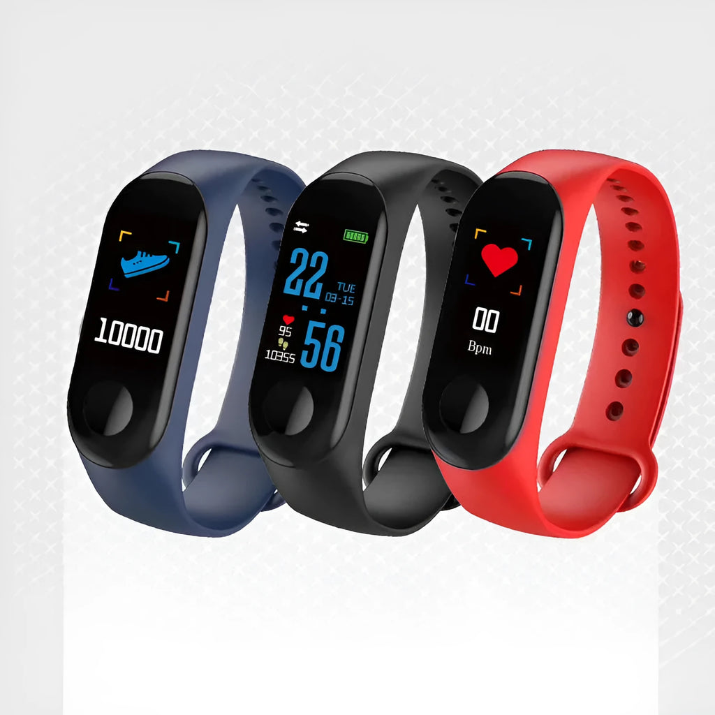 M3 Smart Bracelet with colour screen on a wrist, showing heart rate display.